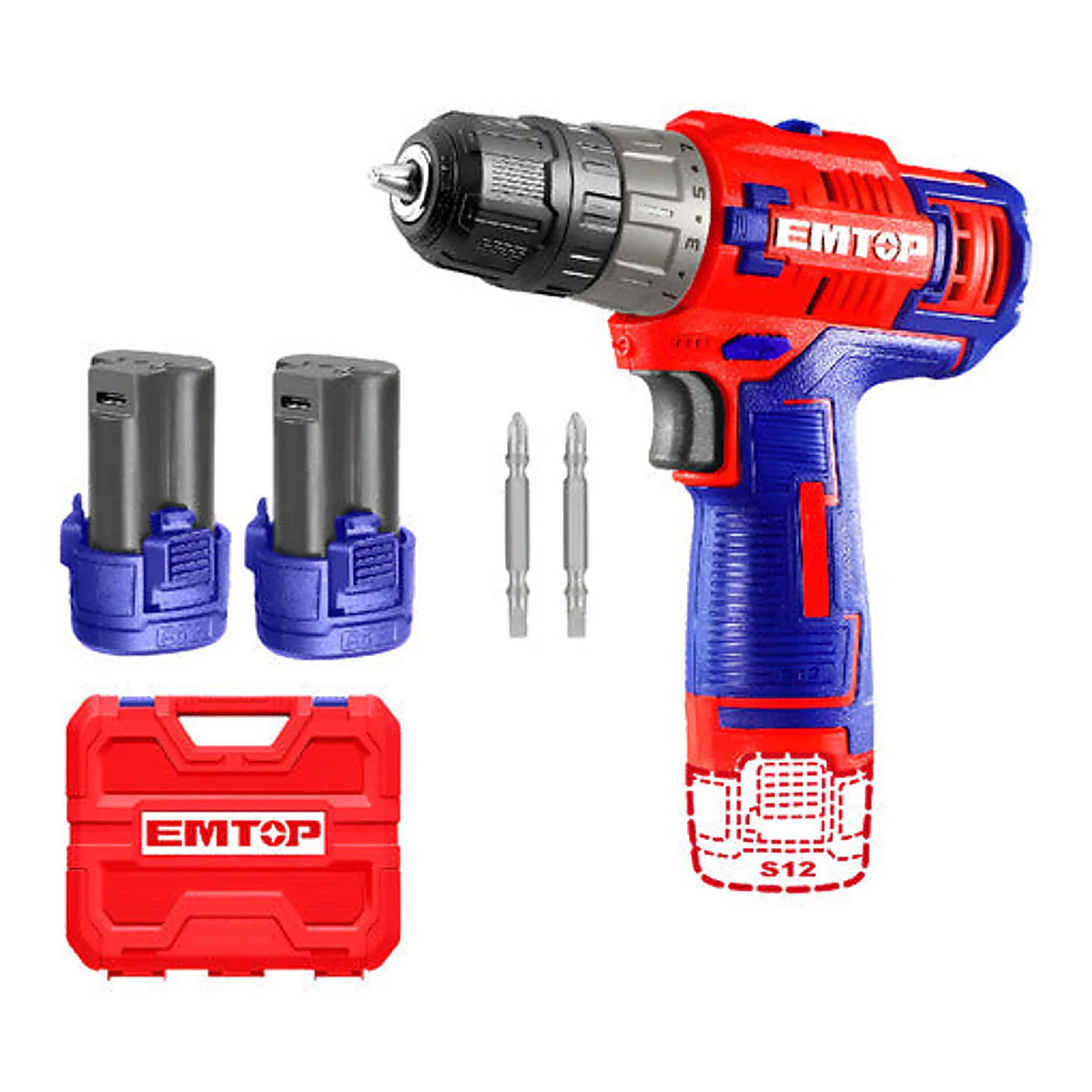 Taladro Atornillador 3/8" 12V 45Nm EMTOP + 2 Baterías 1.5Ah ECDL12620